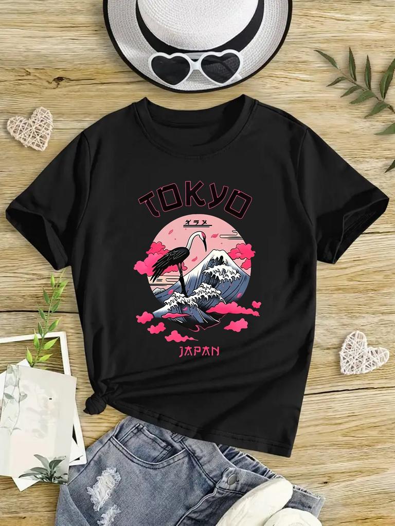 Girls Short Sleeve TShirt Tokyo Japan Graphic Print Black Casual Top Summer Tee with Mount Fuji Sakura Design Summer Round Neck