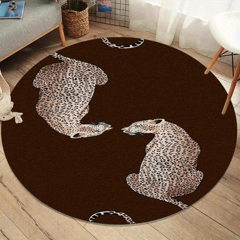Leopard Print Round Carpet Brown Double Cheetah Pattern Rug for Living Room Bedroom Non Slip Floor Mat Exotic Safari Home Decor