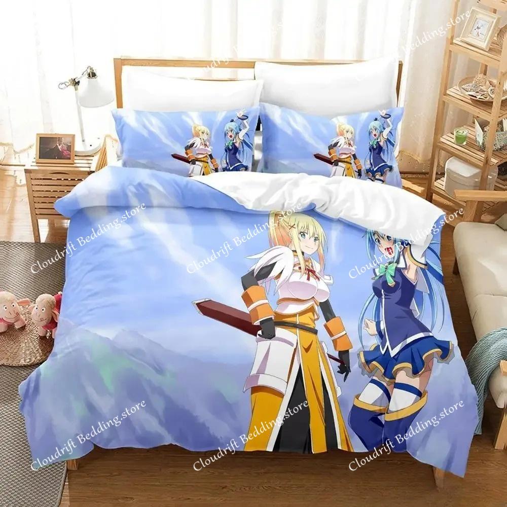 Kawaii KonoSuba Set da letto Cartone Animato Anime set da tre pezzi Adulto Bambino Camera da letto Set Copripiumino 3D Kawaii Ragazze set da letto king size