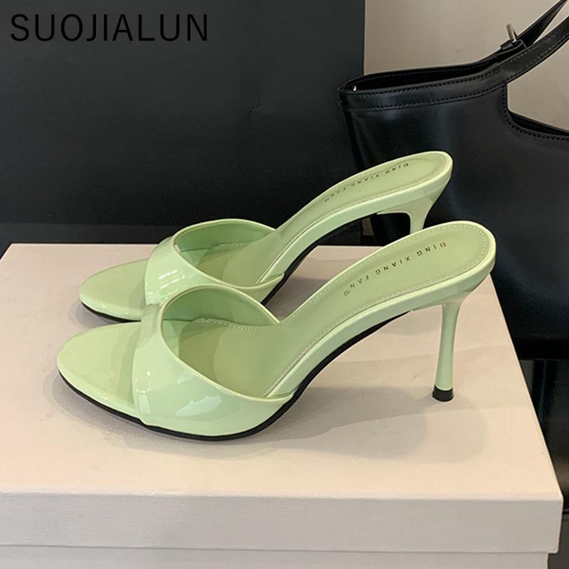 Fashion SUOJIALUN 2025 Summer New Brand Women Slipper Fashion Open Toe Slip On Slides Ladies Elegant Thin High Heel Dress Pumps Slides