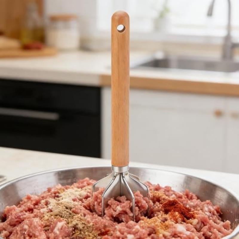 Kitchen Multi-Purpose Meat Mincer - Wooden Handle Food Masher, Sturdy for Meat, Potatoes, Chicken, Ideal for Home Kitchen and Restaurant Use