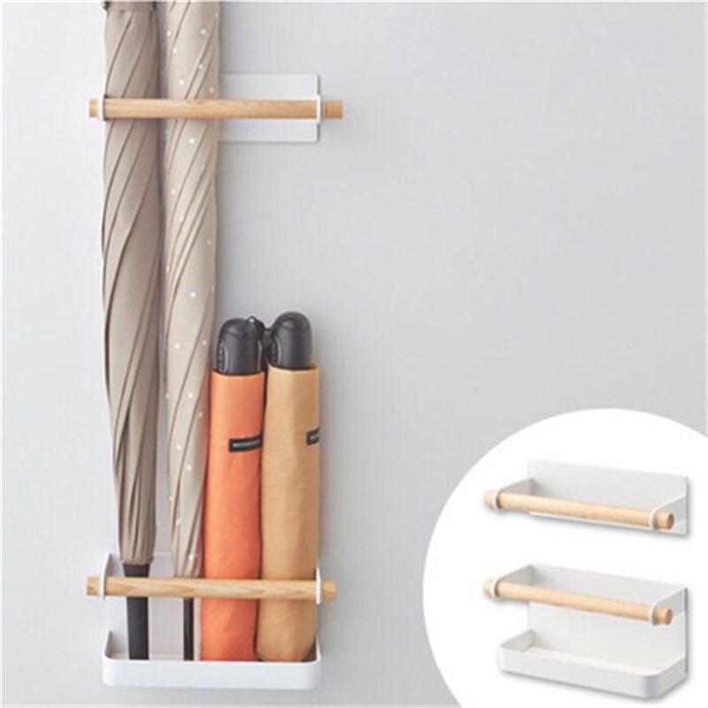 Compact Wall-Mounted Wrought Iron Umbrella Rack Black Wooden Umbrella Rack (Magnetic Strip)