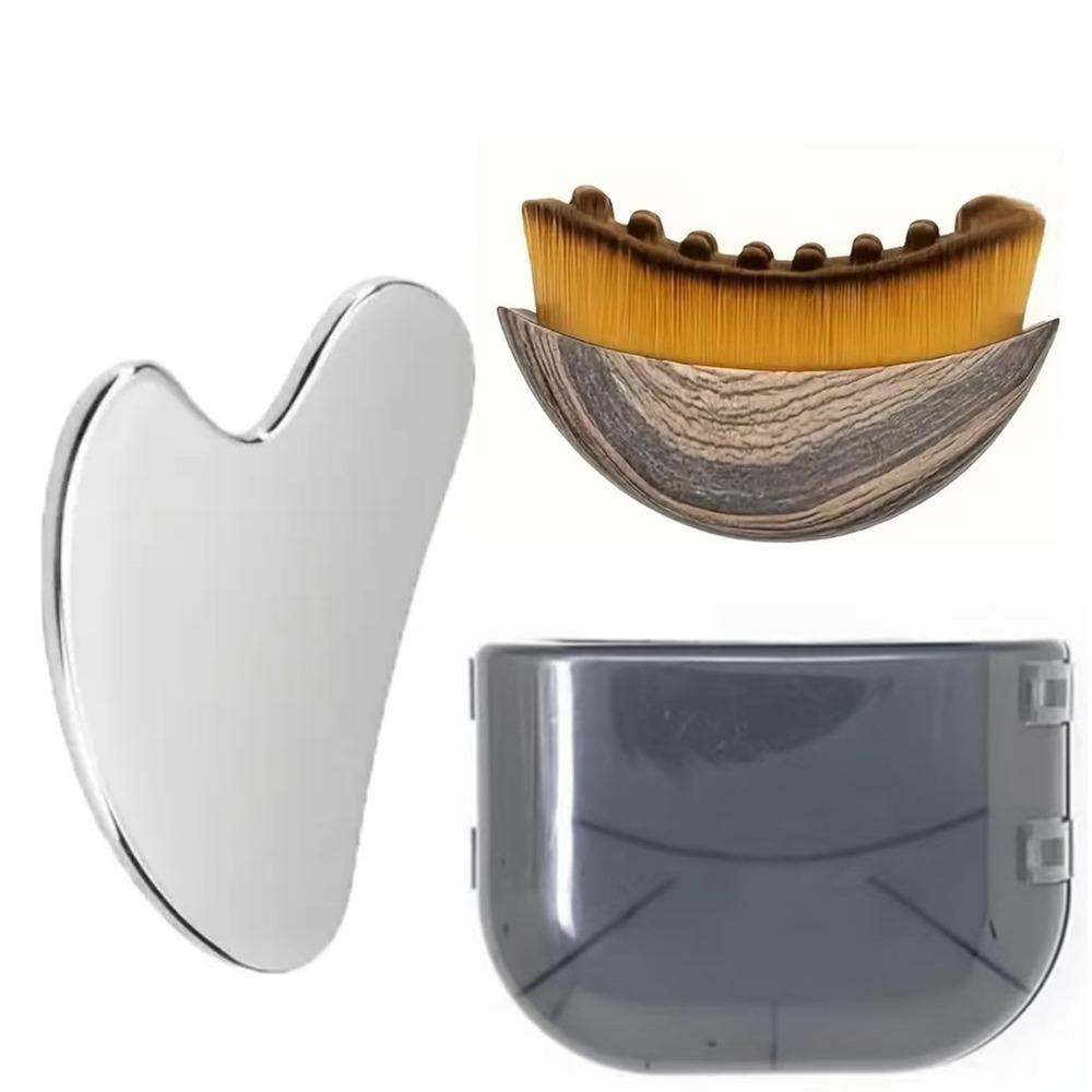 2Pcs Stainless Steel Gua Sha Tool & Lymphatic Drainage Face Brush Set Guasha Scraping Chin Sculpting Tool Face Skin Care Tools