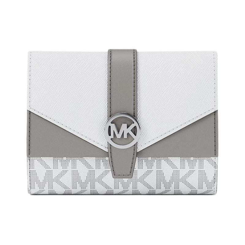 MICHAEL KORS Greenwich Metal Logo Plaque Tri-Fold Coated Canvas Wallet Medium Women s Optical White золотой