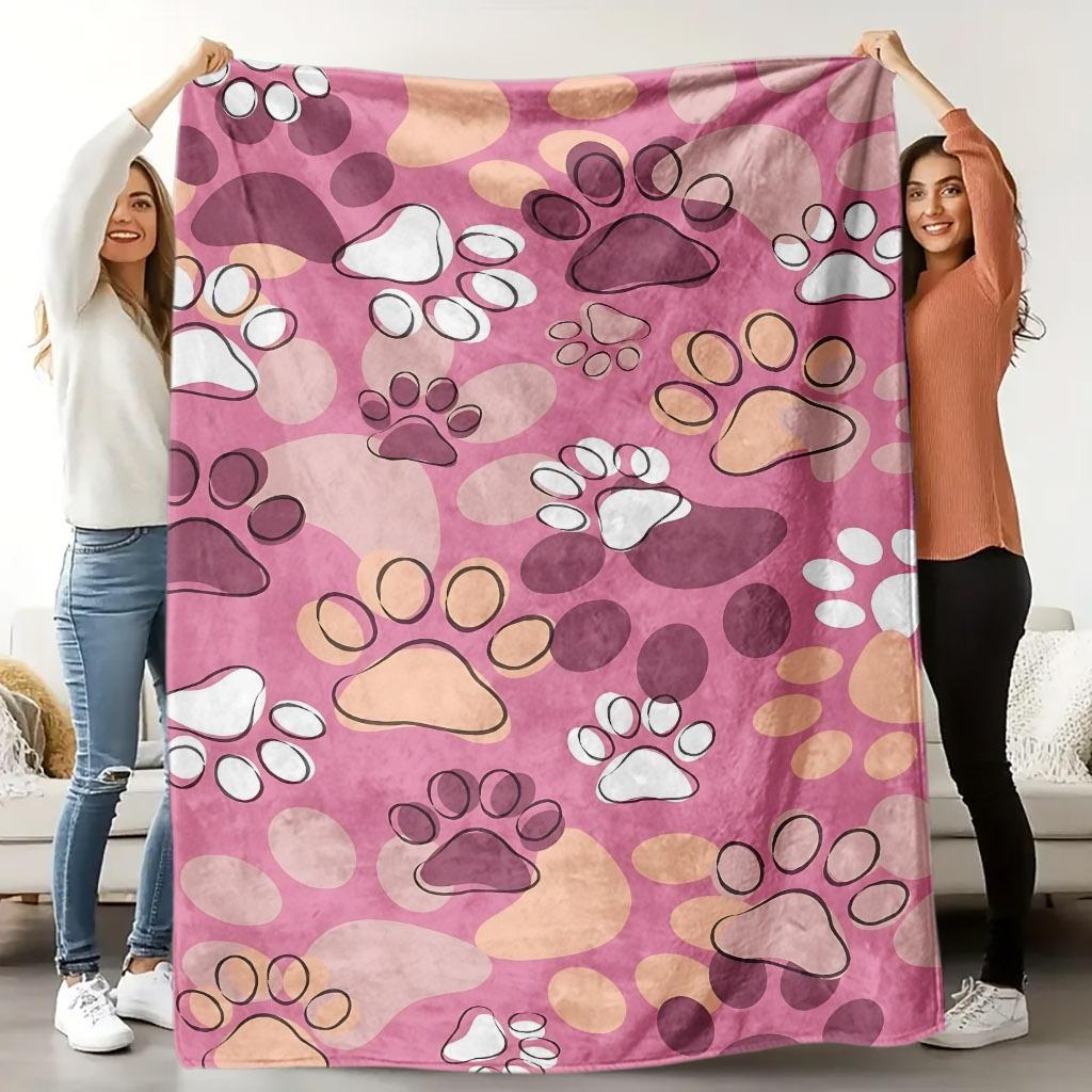 Abstract Colorful Pet Paw Outline Pink Base Repeat Pattern Flannel Throw Blanket, Warm Cozy Blanket,Cute Animal Girls Room Decor
