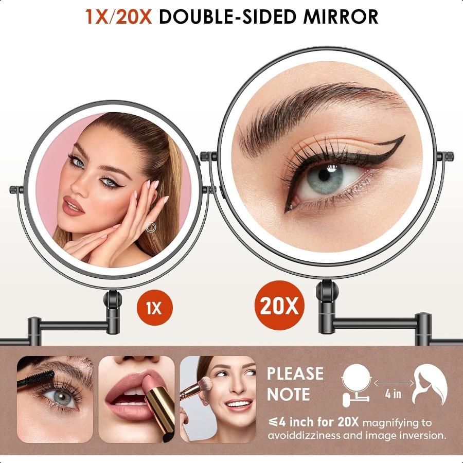 9 Wall Mounted Lighted Makeup Mirror4000mAh Rechargeable Double Sided 1X 20X Magnifying Mirror with Light Touch Dimmable Extend