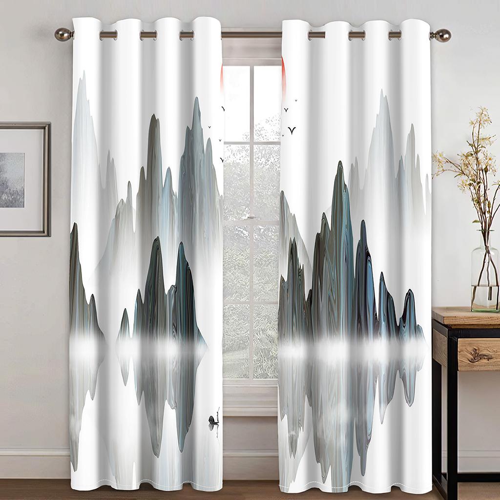 3D Ink Mountain View Curtains Art Style Bedroom Balcony Window Decorative Curtains 2 Panels