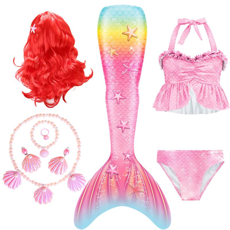 

Девушки Косплей Хвост Русалки Русалки Парик Бикини + Аксессуары Из Искусственного Жемчуга Купальник Костюм Детский Купальник Детская Одежда для Партии Платье Пляж 130