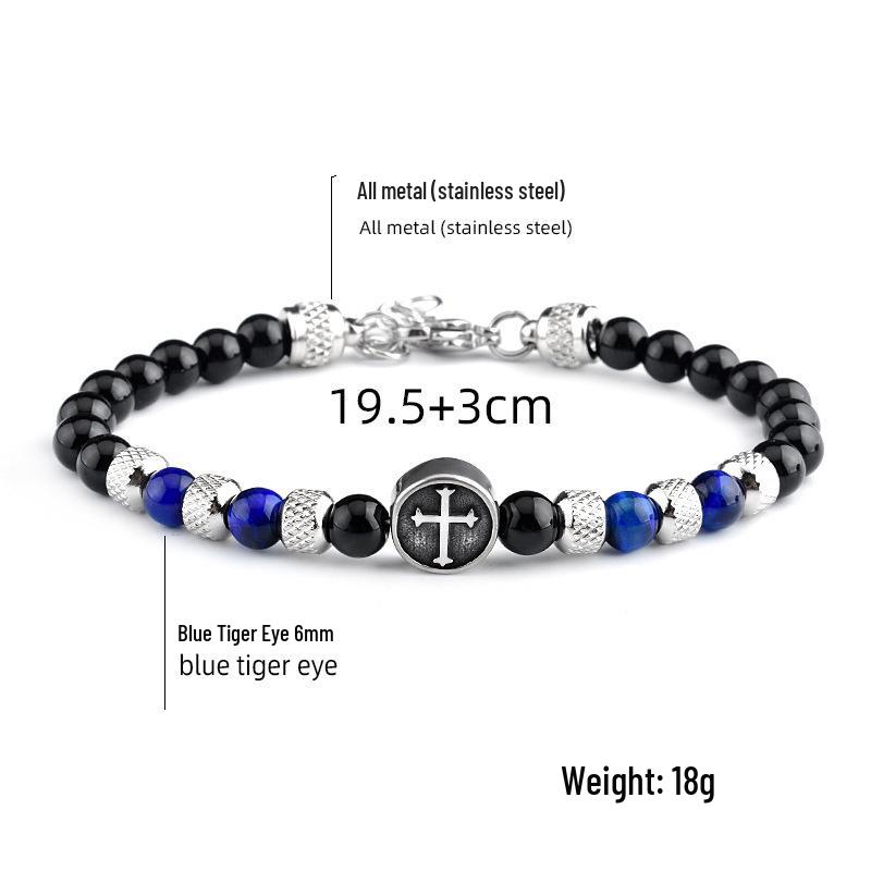 Men's 6mm Tiger Eye Beaded Bracelet with Stainless Steel Cross