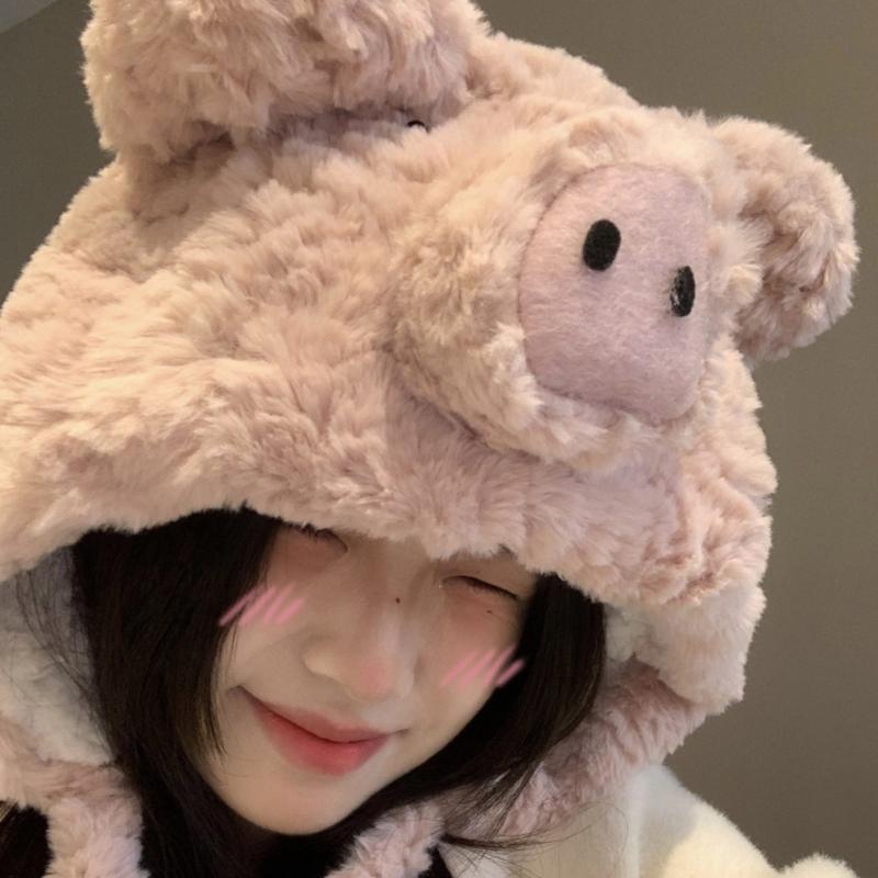 Furry Pig Ear Hat for Adult Teens Plush Earflap Hat for Shopping Skiing Windproof Beanies Hat for Cold Weather Headwear