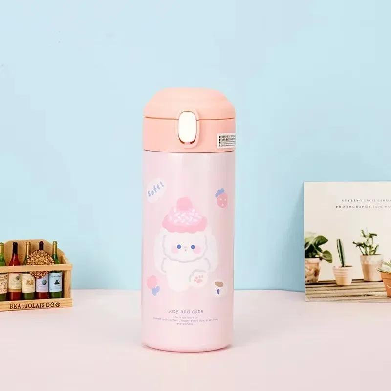 JUSTINLAU Bear Cups 380ml Cartoon Thermos for Girl Cute Little Student Portable Straw Water Bottle Thermos Vacuum Flask Drinking