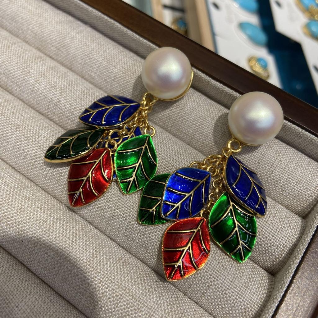Vintage Court Style Enamel Dripping Oil Colored Leaf Stud Earrings Copper Gold-Plated Non-Fading Ear Jewelry