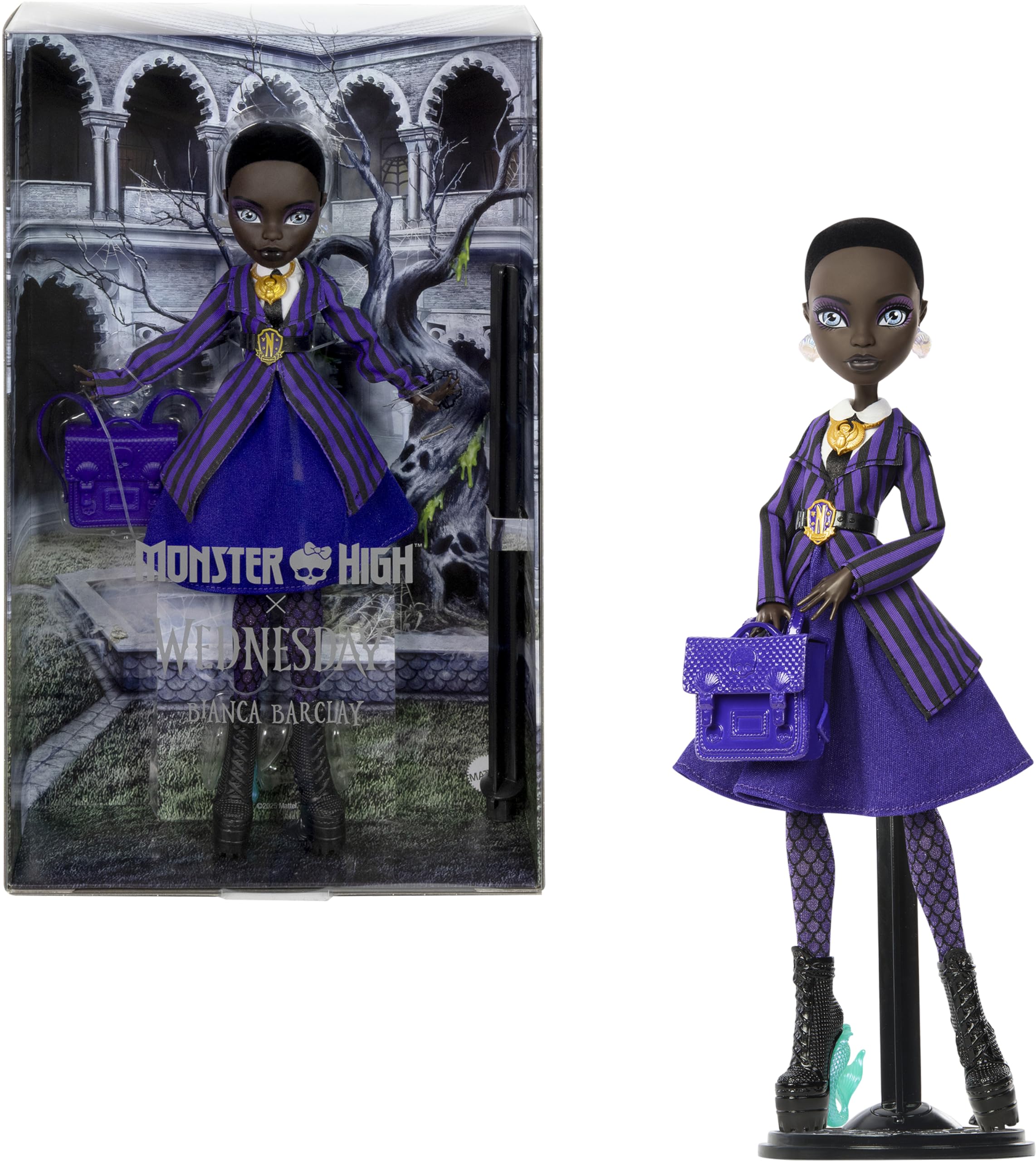Кукла Monster High x Уэнсдей и коллекционная кукла Бьянка Баркли, униформа Академии Невермор с аксессуарами: Сирена и подставка для кук, амулет, рюкзак,