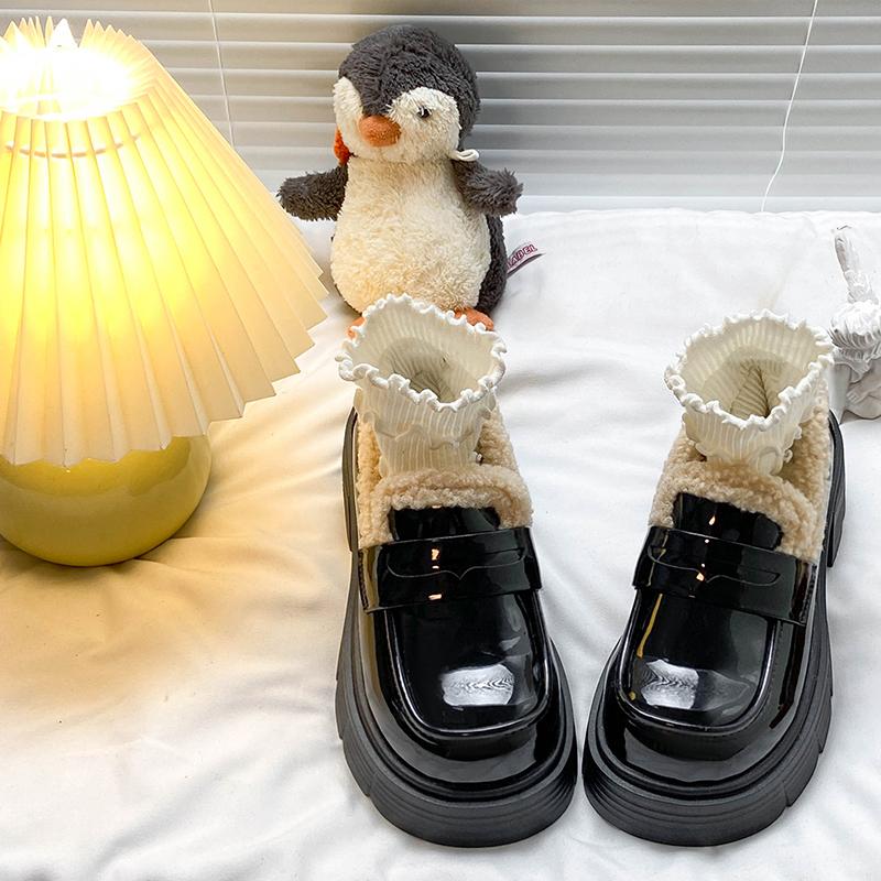 TUINANLE Winter New Plush Lined Loafers Women's Retro Chunky Platform Fluffy Leather Shoes Comfortable & Warm