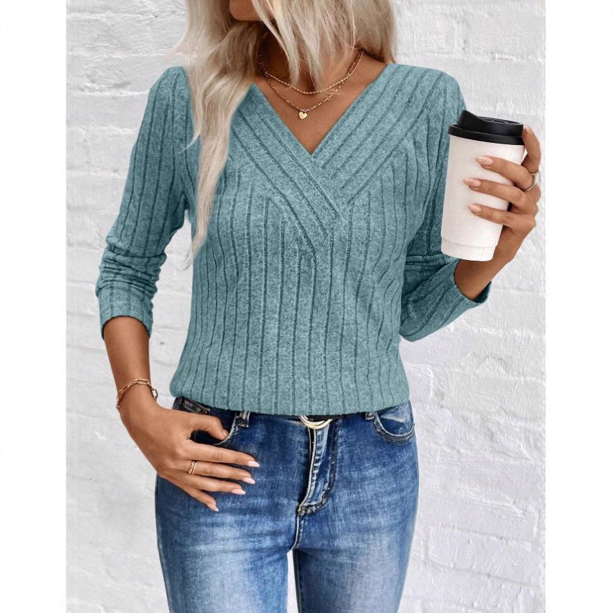 2025 Women's European & American Style V-neck Ribbed Casual Slim Fit Long Sleeve Autumn/Winter T-shirt