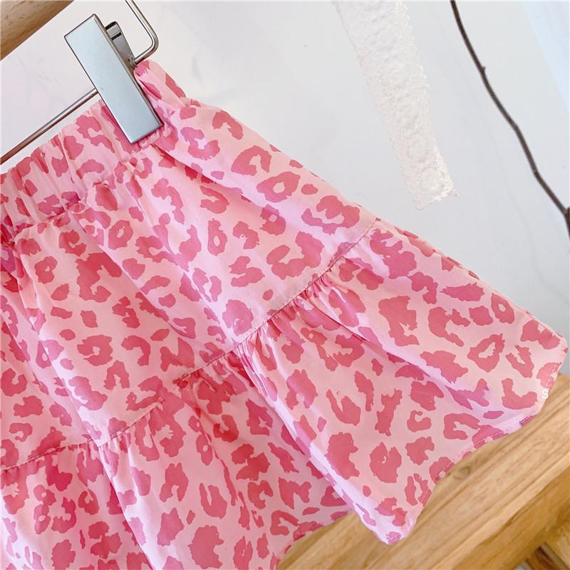 Roupas infantis 2023 verão novas meninas rosa leopardo estampado mangas bufantes camisa curta top e mini saia terno conjuntos de moda infantil