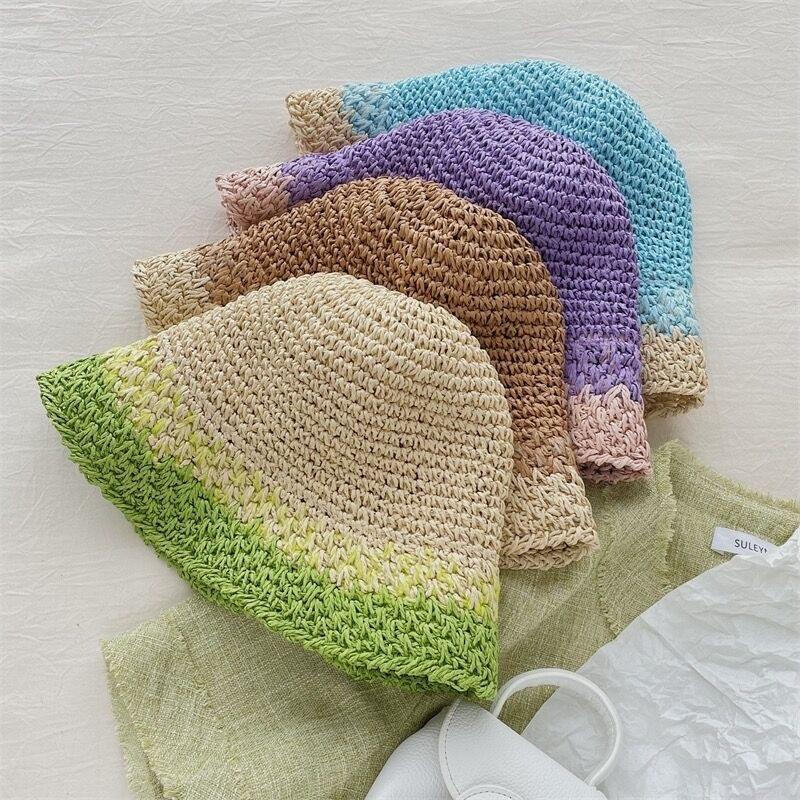 Purple Straw Hat for Women's Summer Outings Sun Protection and Shade Beach Fisherman Hat Color Blocked Grass Woven Basin Hat