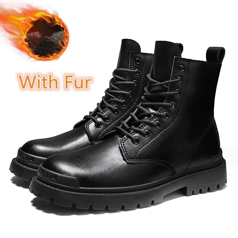 Fashion Lace-Up Men Winter Plush Snow Boots 2024 New All-match Male Boots Outdoor Men's Low Top Basic Shoes Leather Motorcycle Boots