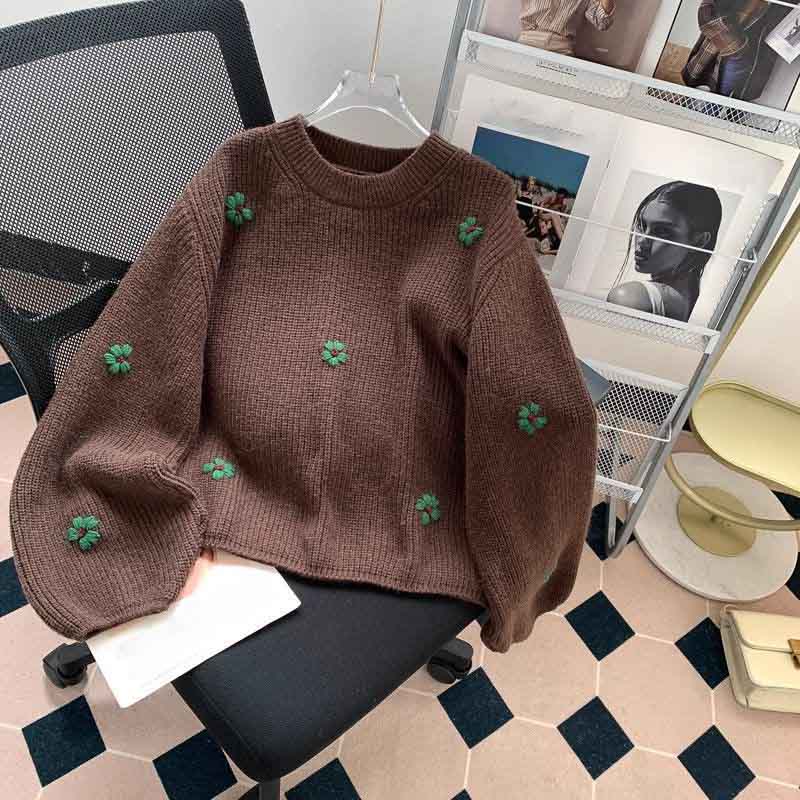 Sweater Women Winter Knitted Pullover Fir Loose Vintage Embroidered Flowers Knit Sweater