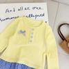 Korean Baby Girls O-Neck Button T-shirts Female Clothing Plaid Fashionable Spliced Spring Autumn Long Sleeve Folds Girls Sweet Bow Pullovers
