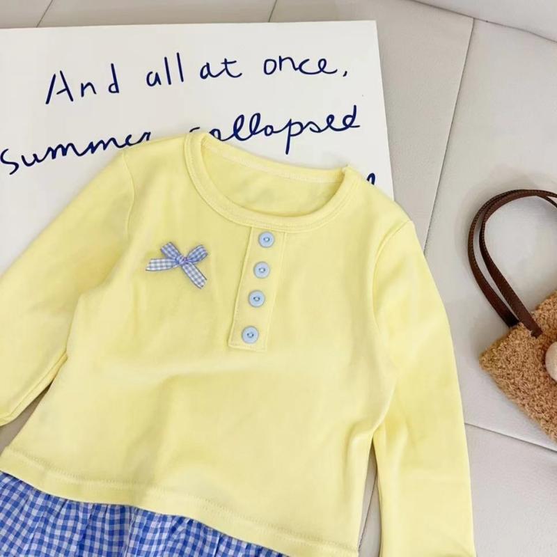 Korean Baby Girls O-Neck Button T-shirts Female Clothing Plaid Fashionable Spliced Spring Autumn Long Sleeve Folds Girls Sweet Bow Pullovers