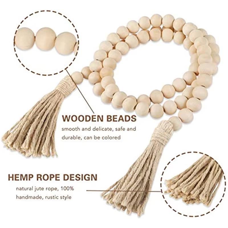 14/16mm Original Wood Color Hemp Rope Wood Bead Garland with Tassels Rustic Country Decor Prayer Boho Beads Wall Hanging Decor
