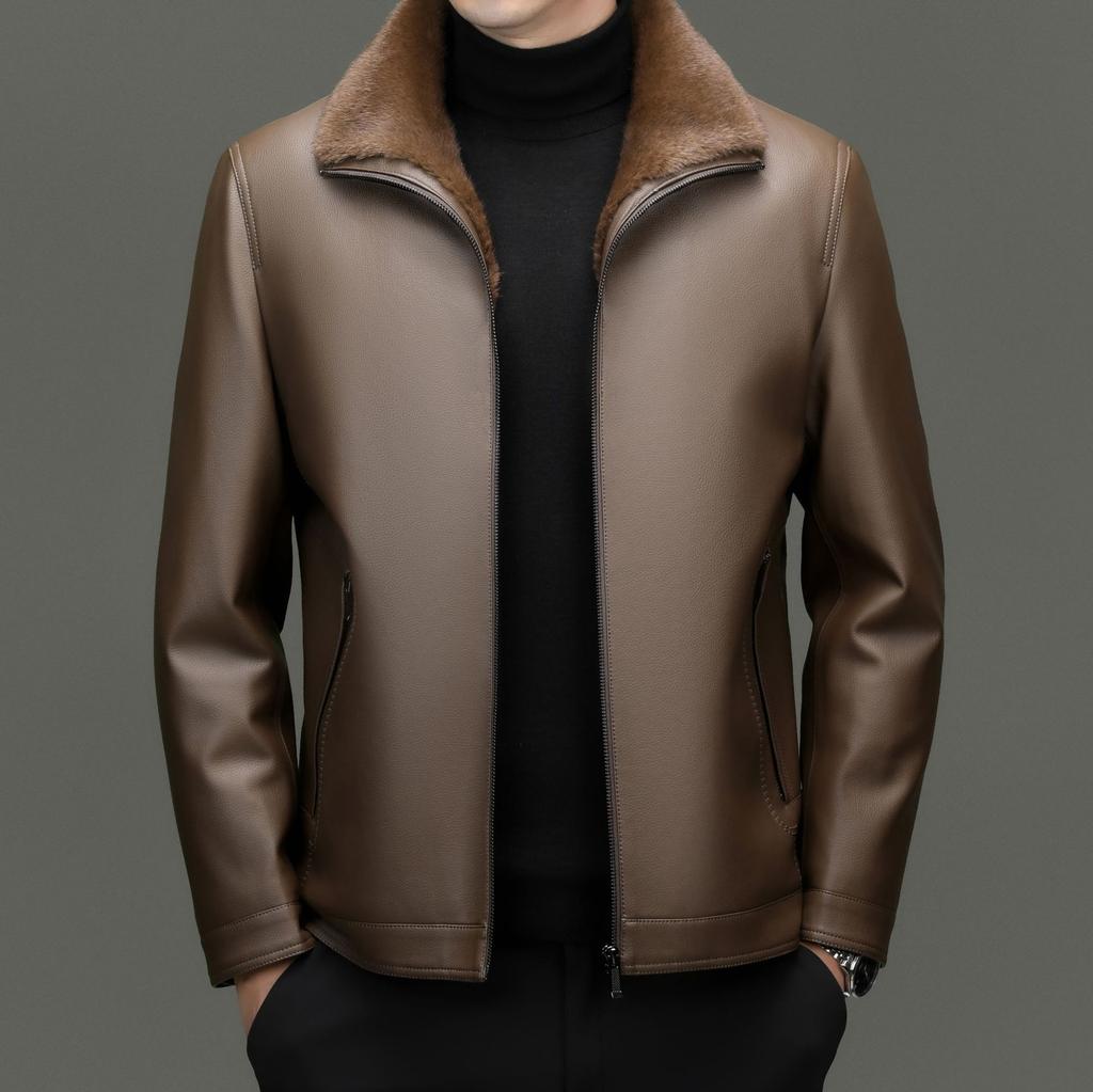 Haining Leather Jacket Men's Winter Fur Integrated Leather Jacket New Thickened Warm Jacket Velvet Leather Jacket Men