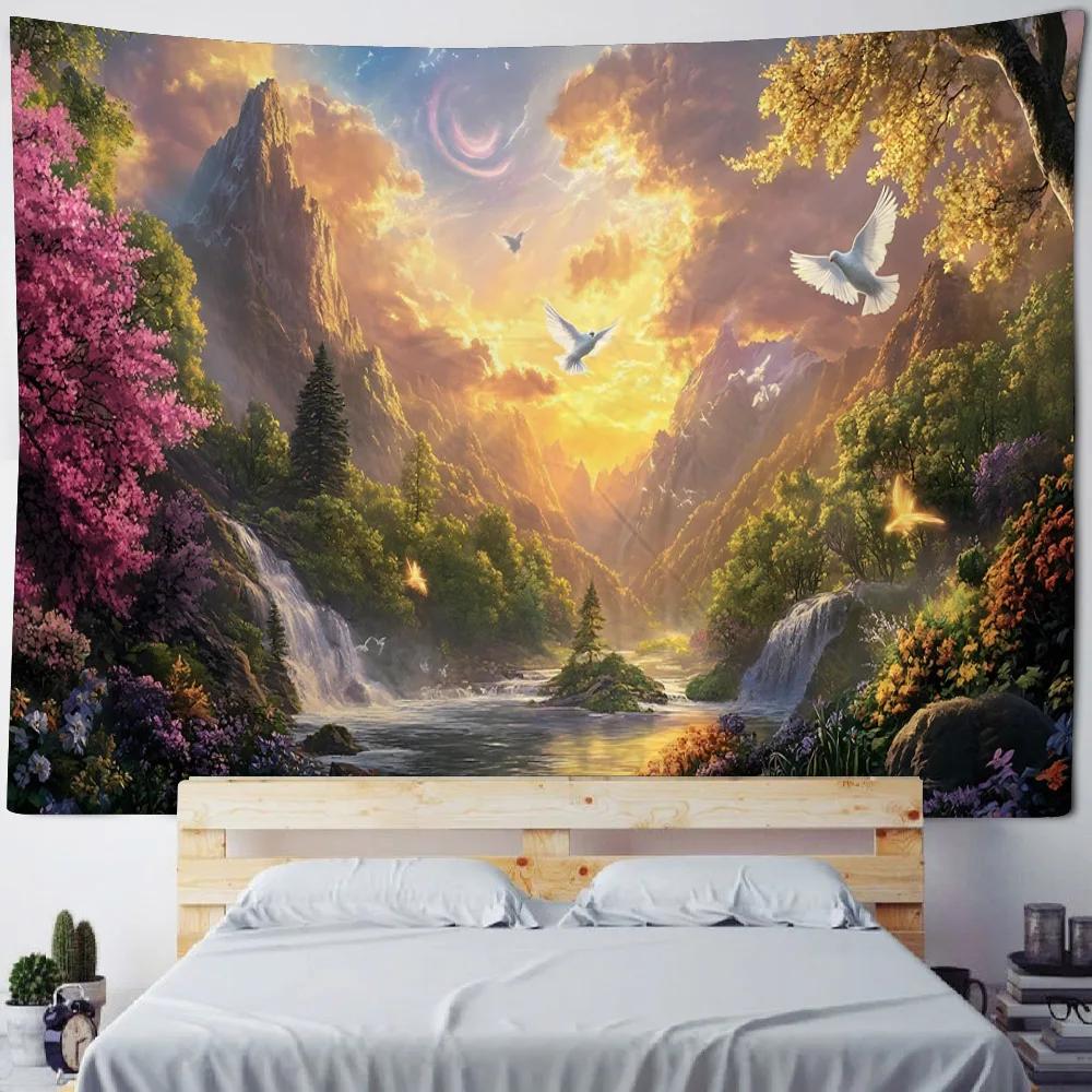 Dreamy Flower Waterfall Wall Hanging Tapestry Soft Polyester Fabric Painting for Living Room Bedroom Office Dormitory Party Deco