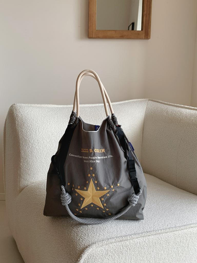 New Japanese-Style Embroidered Shopping Bag Y2K Style Large Five-Pointed Star Design Women's Shoulder Bag Lightweight Bag Foldable Storage Suitable