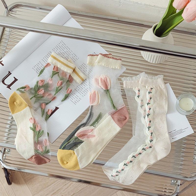 Ultra-thin Transparent Crystal Silk Insole Women Summer Harajuku Crew Insole Retro Flower Streetwear Elastic Insole