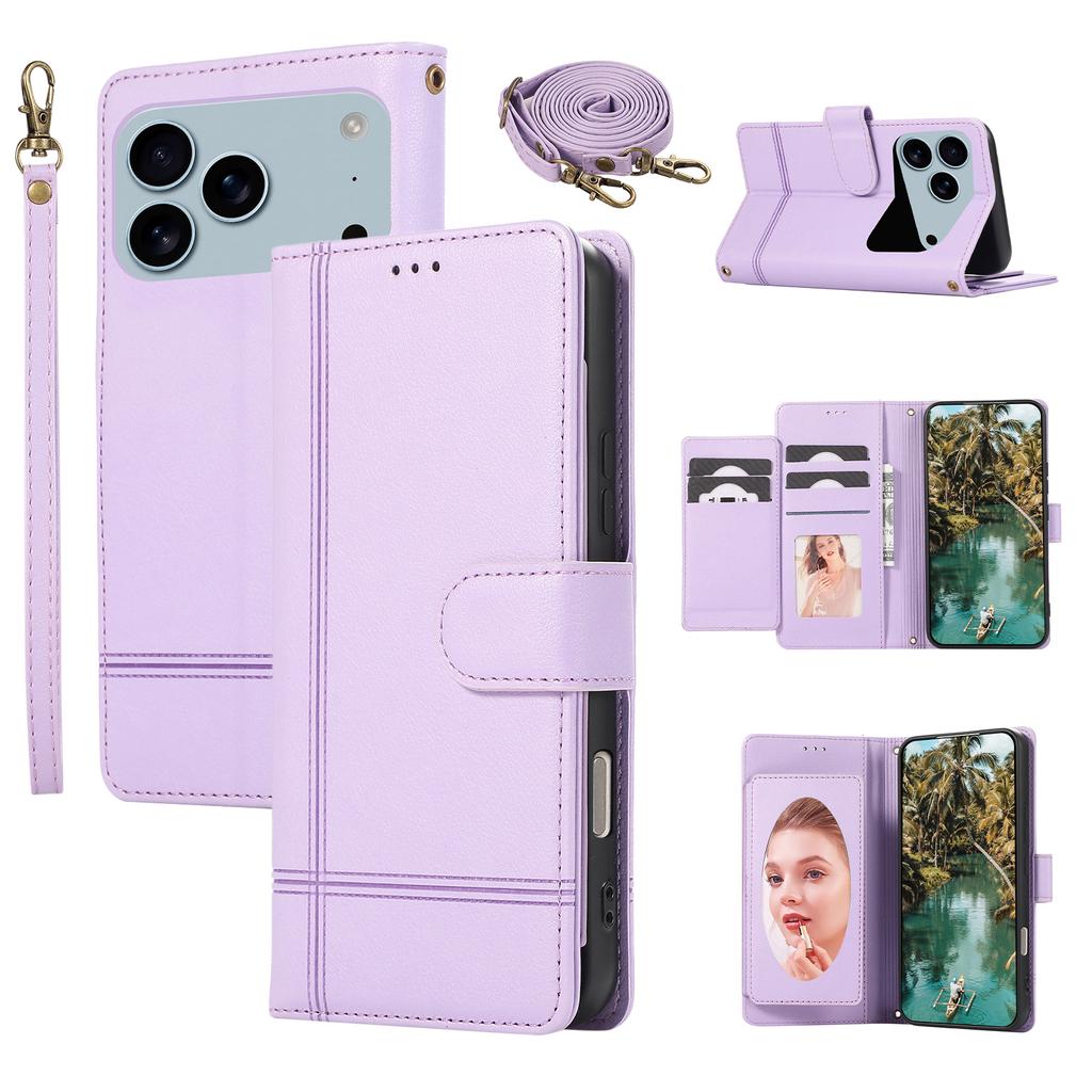 Crossbody Makeup Mirror Magnetic Card Solt Wallet Flip Leather Case For iPhone 17 Pro Max 16 Plus 15 14 13 12 11 Lanyard Cover