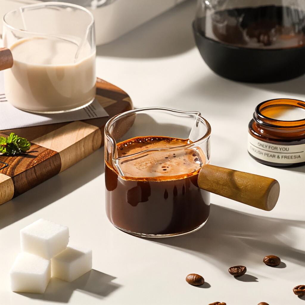 75ml Wood Handle Glass Scale Espresso Measuring Cup DIY Milk Jug Coffee Supplies Double Mouth Transparent Kitchen Measure Mug