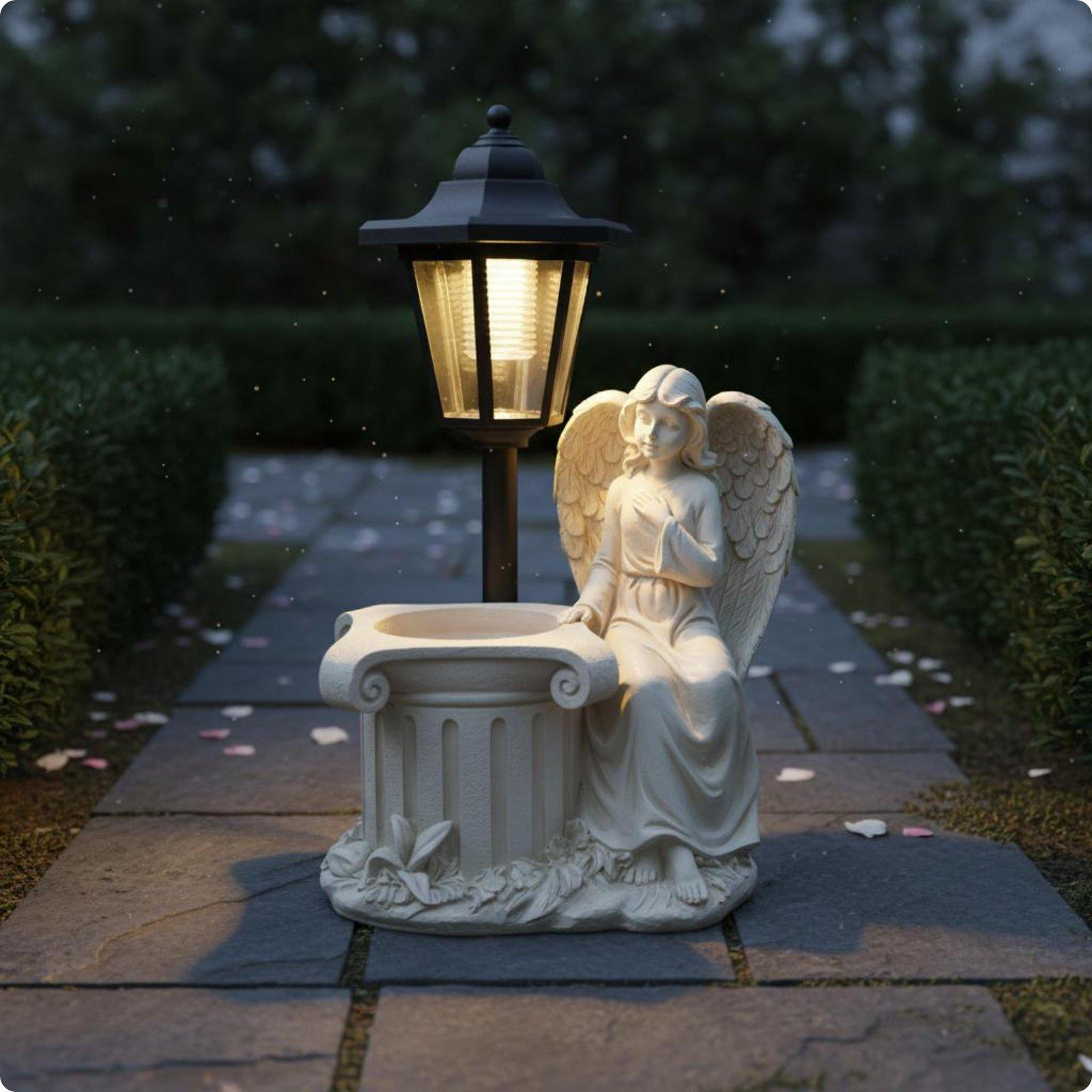 Solar Angel Statue VesselShaped Base Lantern Planter Decorative Lighting Fairy Garden Antique White Sitting Angel Pot