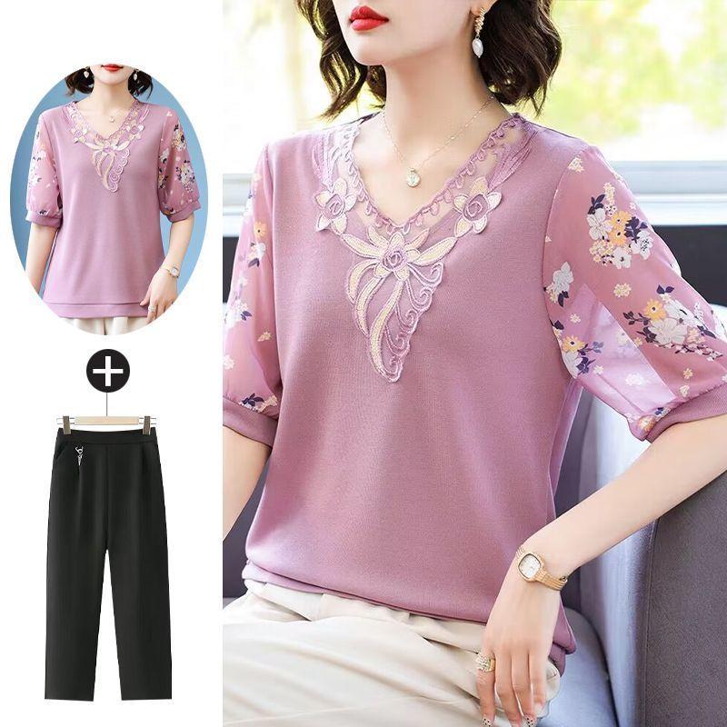 Mom's Summer Short Sleeved T-shirt Middle-aged Women's Ice Silk Top Middle-aged and Elderly Knitted Sweater