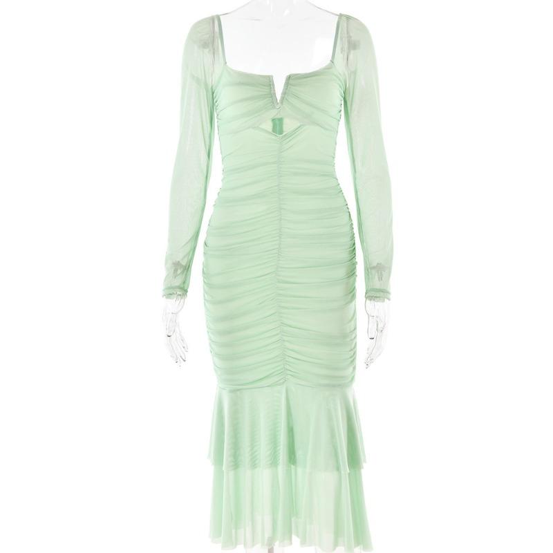 

new dresses, sexy and fashionable square neck long-sleeved splicing mesh fishtail dress S світло-зелений колір