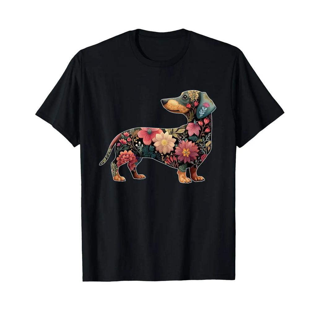 Cute Dachshund Floral Flower T Shirt Vintage Soft Homme Stretched Designer Clothes Slightly Versatile Stylish