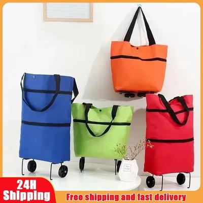 Shopping Pull Cart with Wheel Reusable Grocery Bags Oxford Easy Installation Folding Waterproof High-Capacity Household Supplies