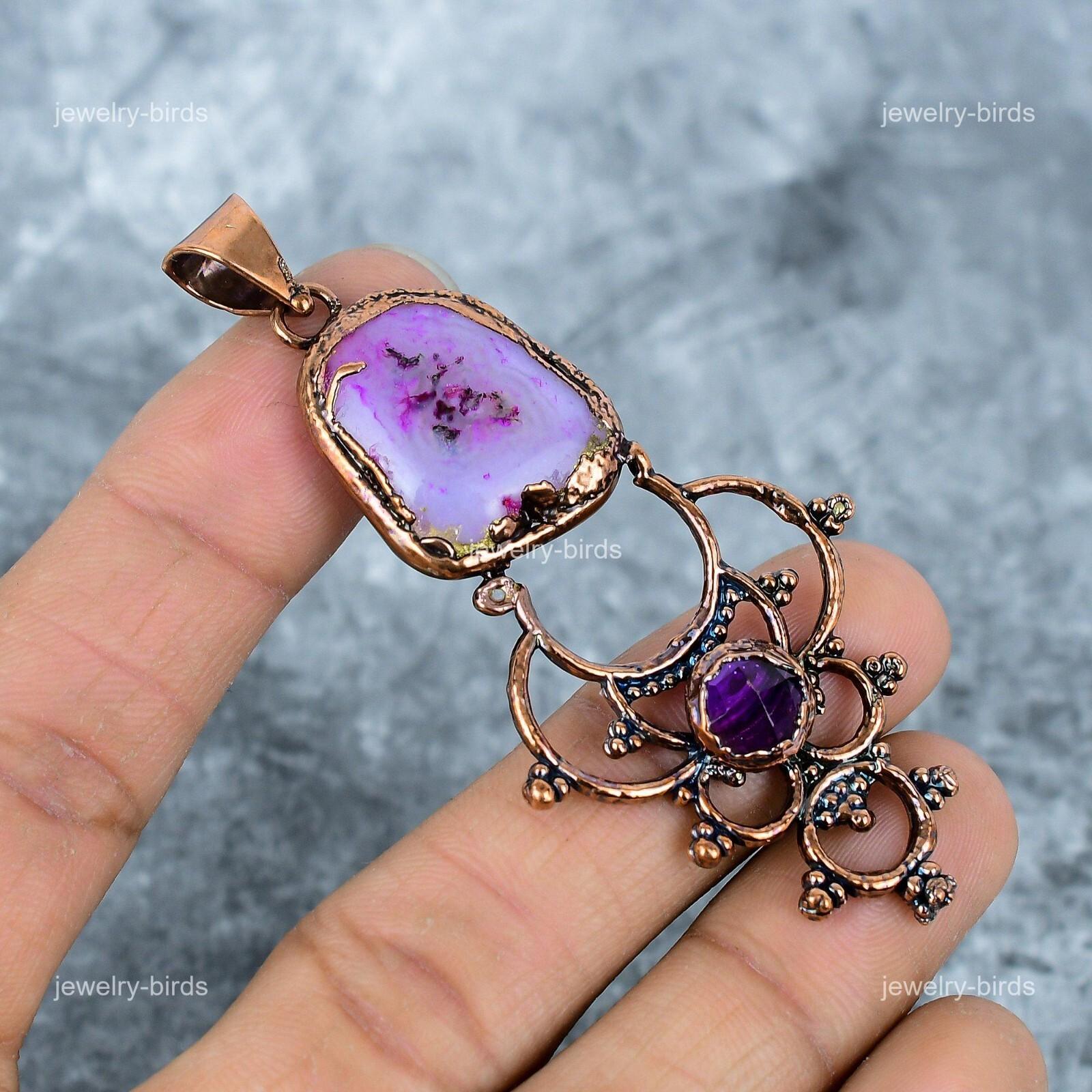 

Pink Solar Quartz Stone Copper Wife Gift Electroformed Birthday Pendant Jewelry VP-8