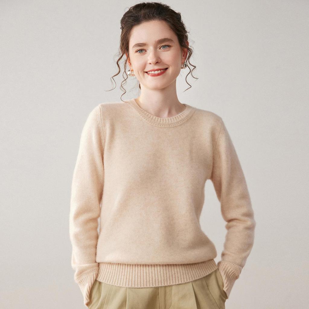 Women's Cashmere Round Neck Sweater - Thickened, Versatile, Loose Knit for Autumn/Winter.