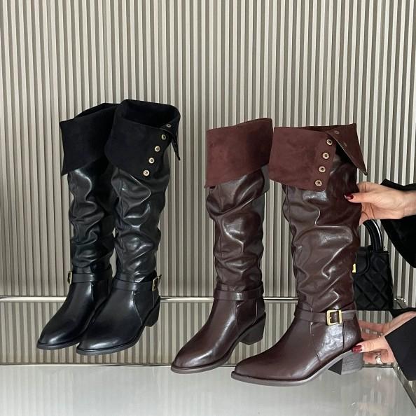 Cowhide version 2025 autumn fashion boots new casual simple pointed thick heel two wear thick heel button middle heel