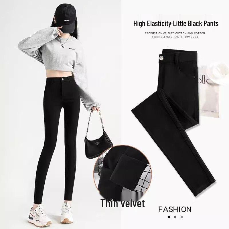 Women's Black High-Waisted Fleece-Lined Leggings, 2025 Winter Style, Thick, Elastic, Slim-Fit