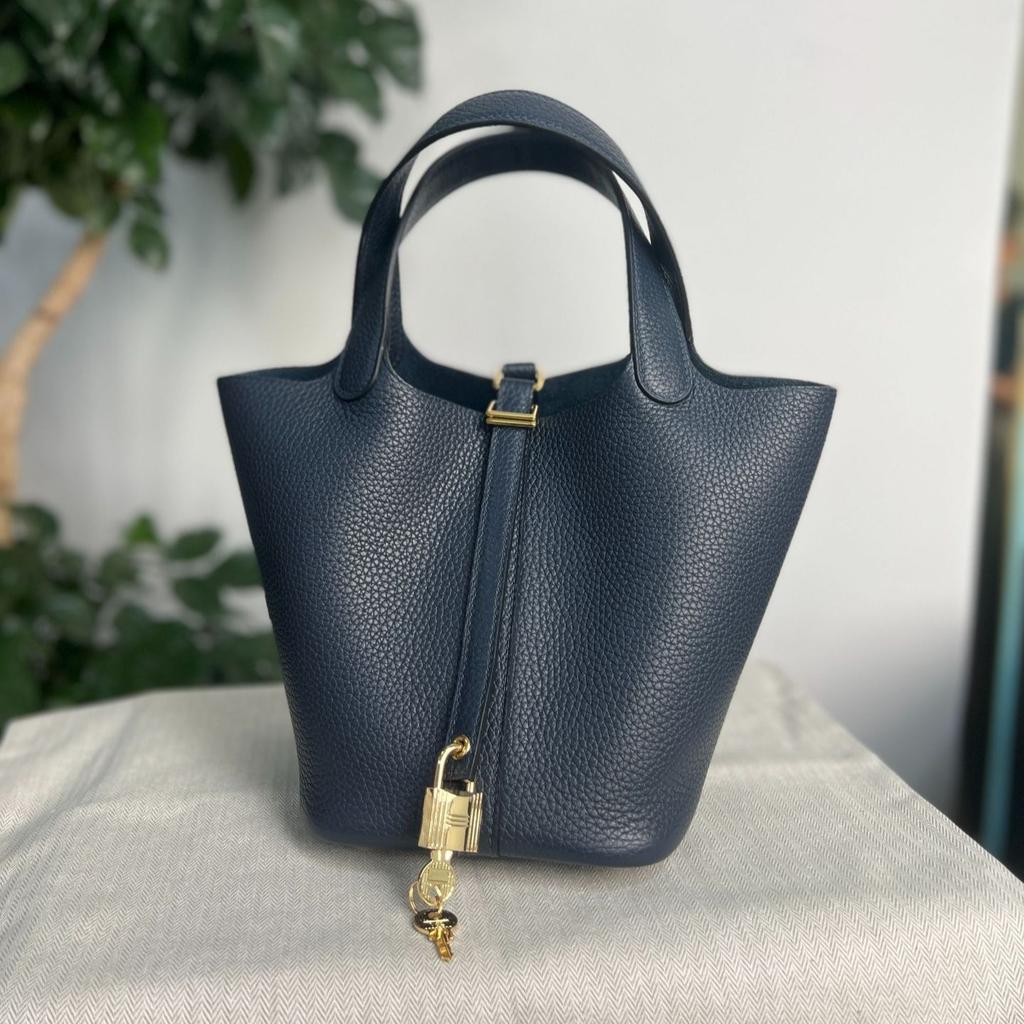 Handmade Genuine Top-Grain Leather Picotin Handbag - 18cm Togo Leather Bag with Solid Brass Hardware, Artisanal Craftsmanship Women's Tote Purse