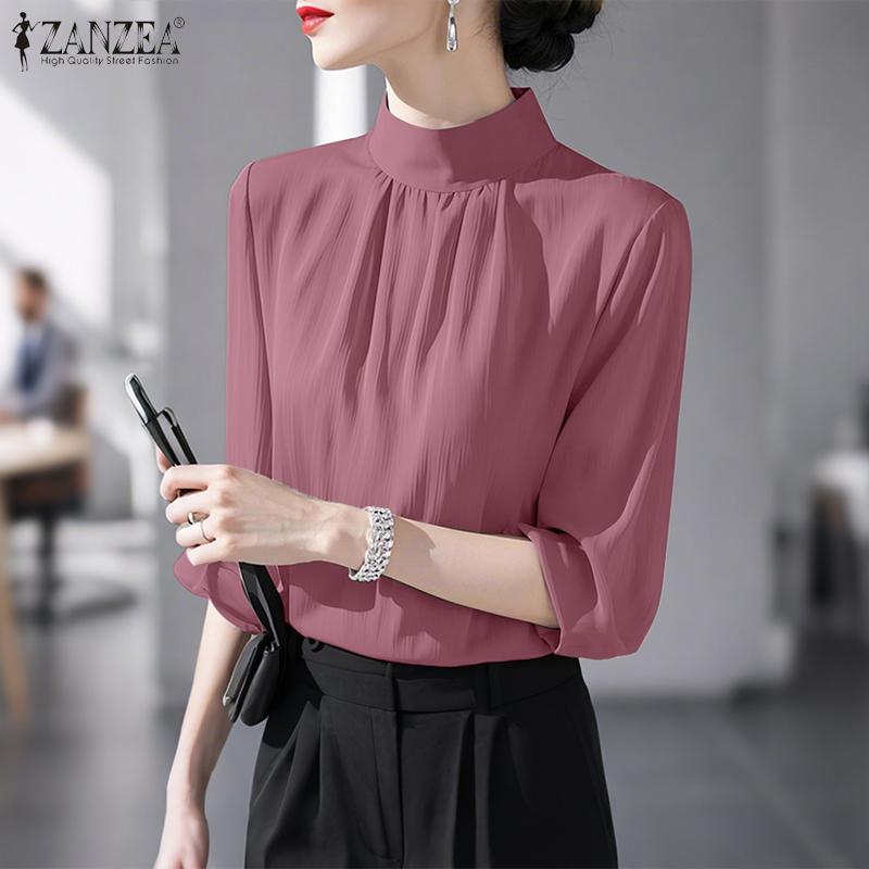 ZANZEA Women Stand Collar Loose Casual Long Sleeve Blouse
