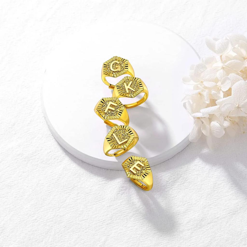 Hexagon Surface 3D Embossed A-Z Initial Letter Rings for Man Woman Adjustable Size A-Z 14k Gold Color Family Signet Jewelry