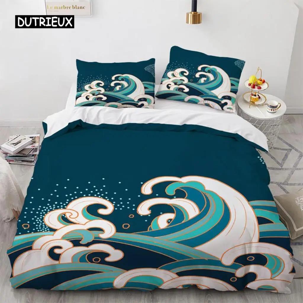 Wave Duvet Cover Set Hokusai Pattern Japanese Ukiyoe Quilt Cover Oriental Sketch Style Ocean Queen Twin Polyester Bedding Set
