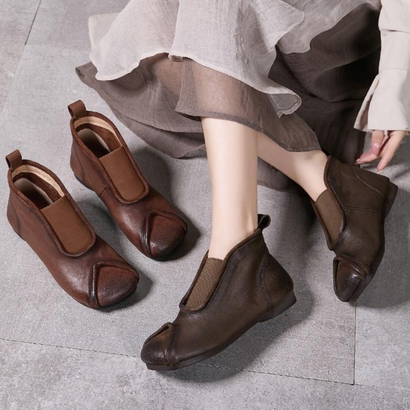 Johnature Handmade Vintage Genuine Leather Flat Ankle Boots Round Toe Soft Cowhide Women's Slip-on Shoes