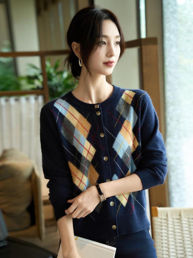 Cardigan da Donna in Cashmere Color Block Girocollo - Moda Autunno/Inverno Maglione Lavorato a Maglia a Scacchi a Rombo