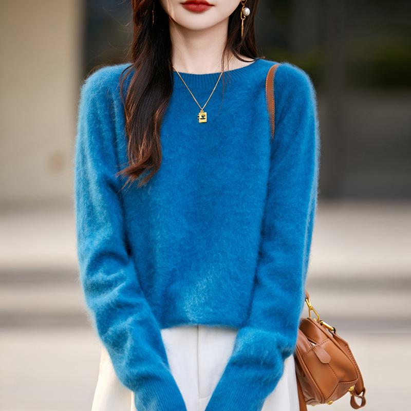 Women's Seamless Cashmere Wool Blend Crew Neck Sweater - Brushed Knit One-Piece Base Layer for Fall/Winter