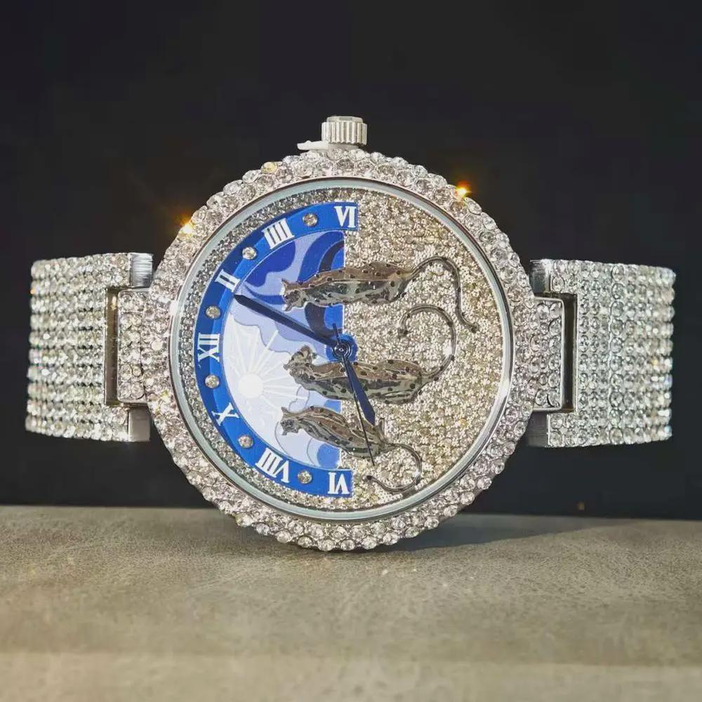 Golden Iced Brilliant Watches Men Luxury Steel Quartz Watch Fashion Leopard Hip Hop Diamond Wrist Watch Man Reloj Hombre