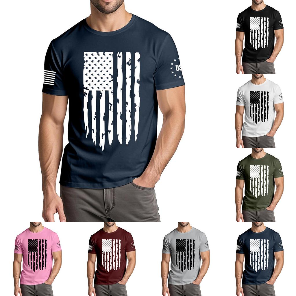 Menns moteriktige avslappede Independence Day trykte t-skjorte med rund hals og korte ermer